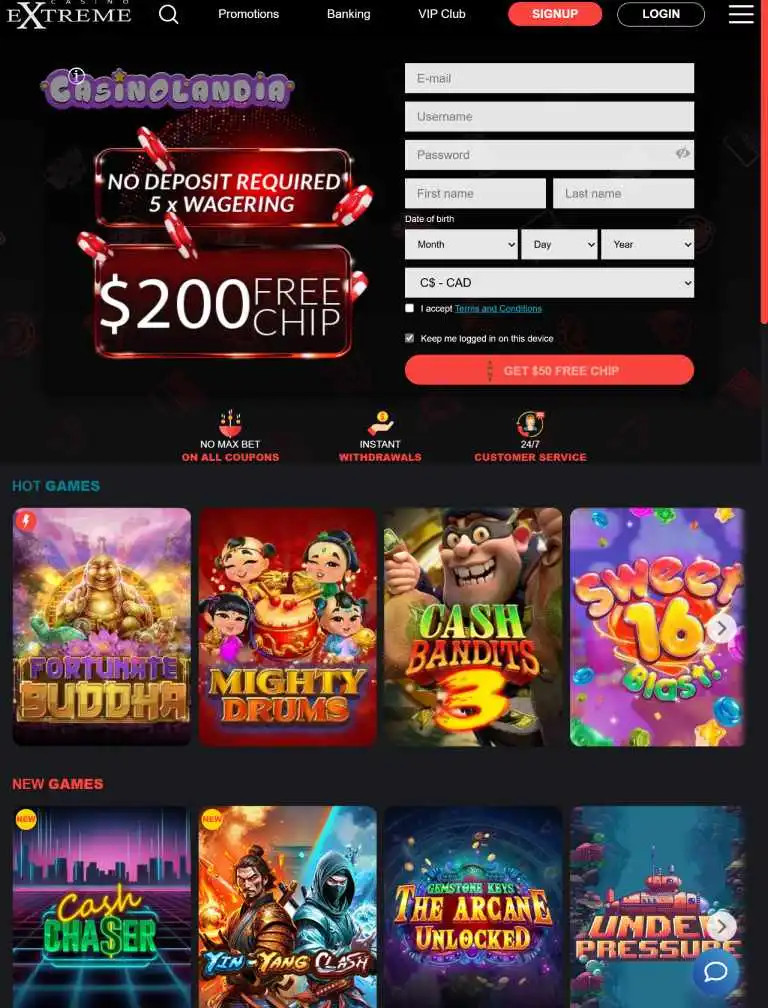 Extreme Casino Tablet Portrait View