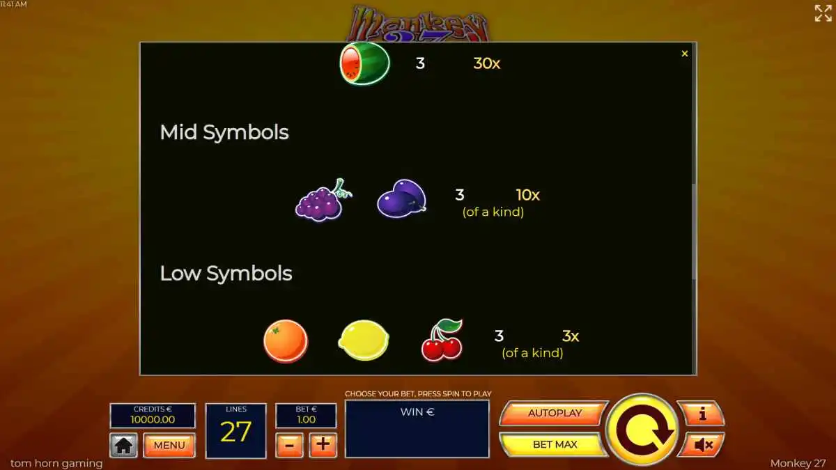 Monkey 27 Paytable
