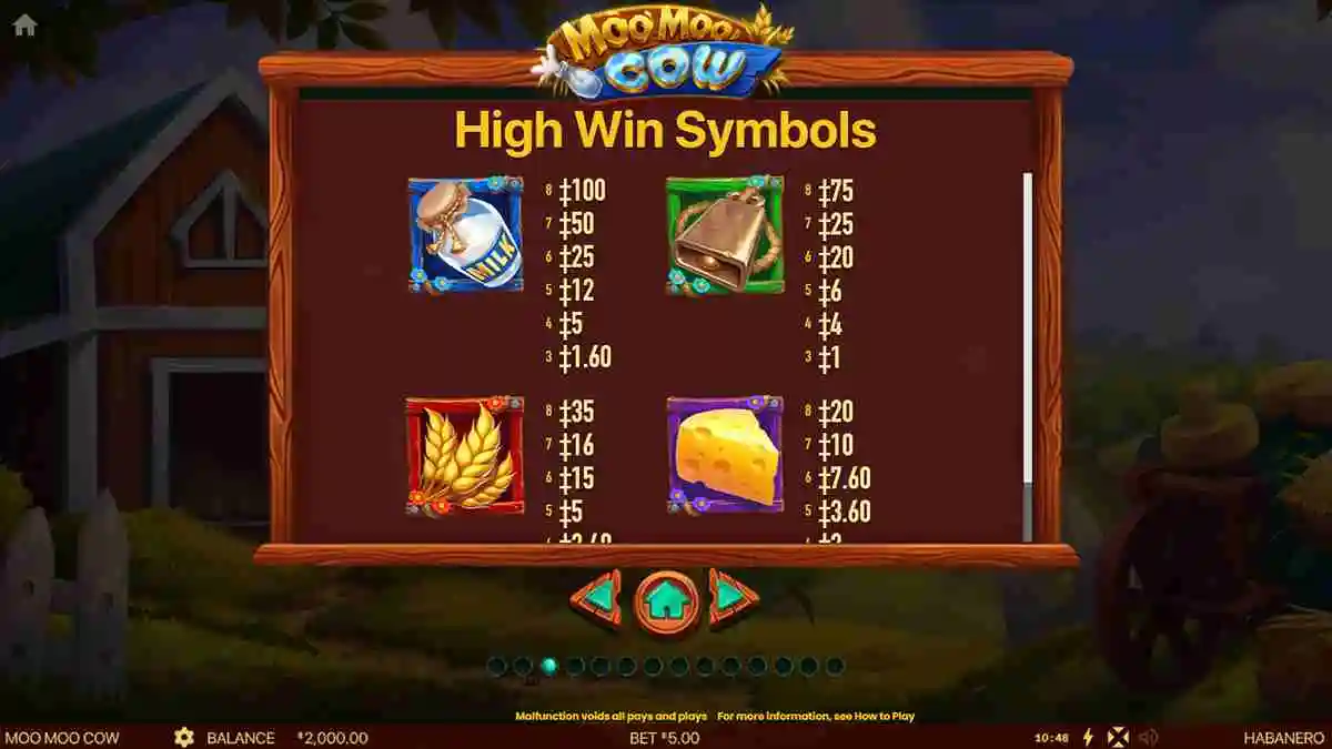 Moo Moo Cow High Paytable