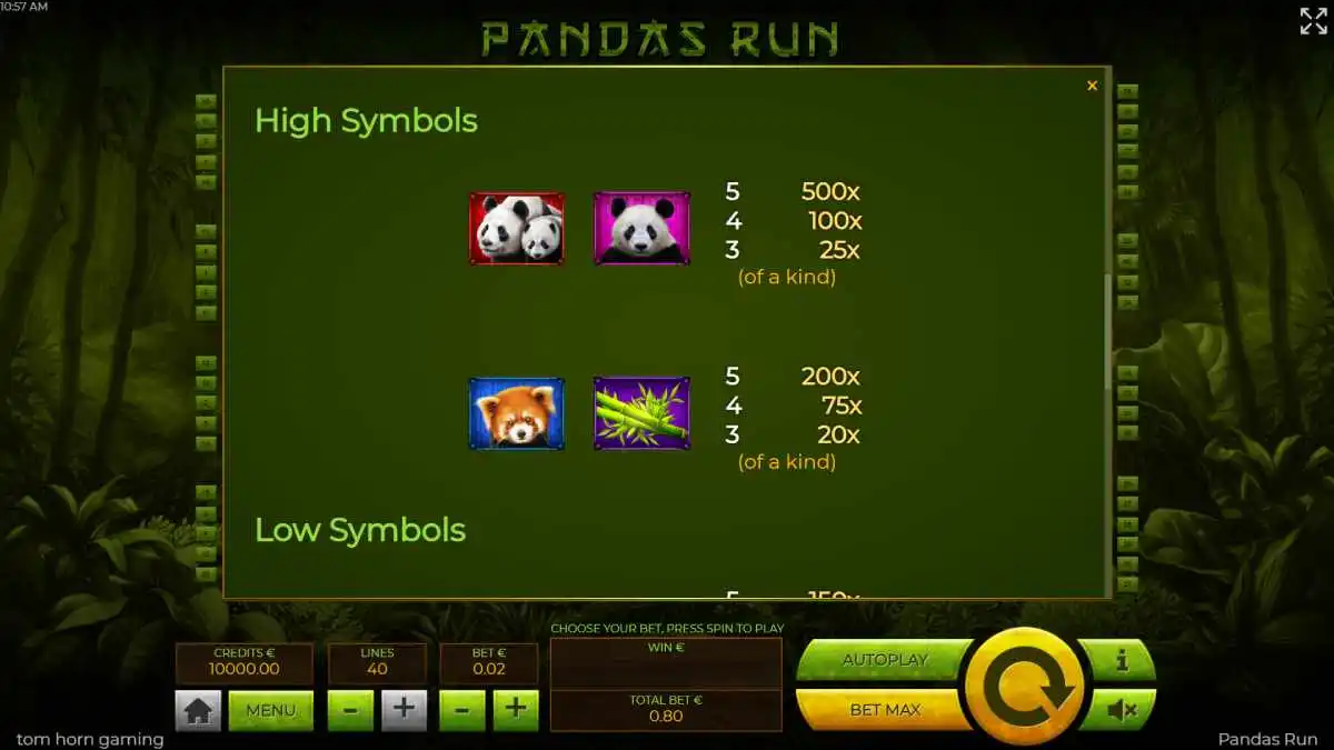 Pandas Run High Paytable