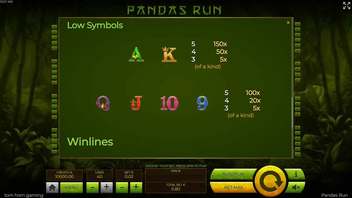 Pandas Run Low Paytable