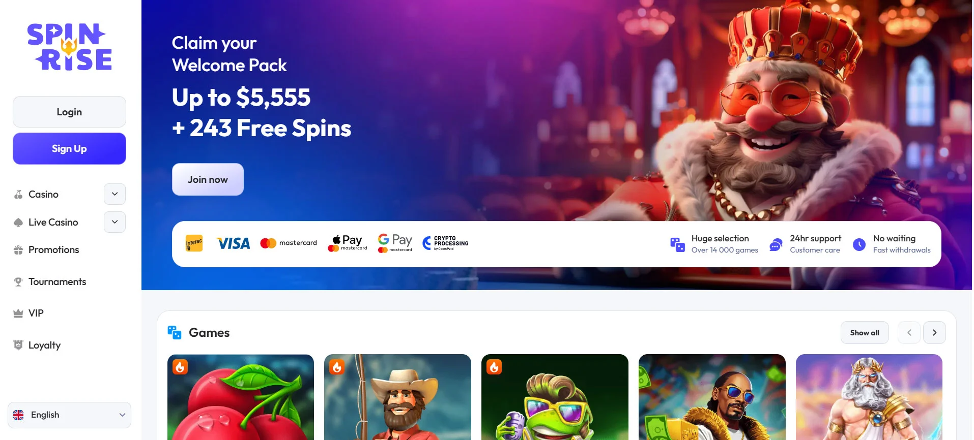 Spinrise Casino Home Screen