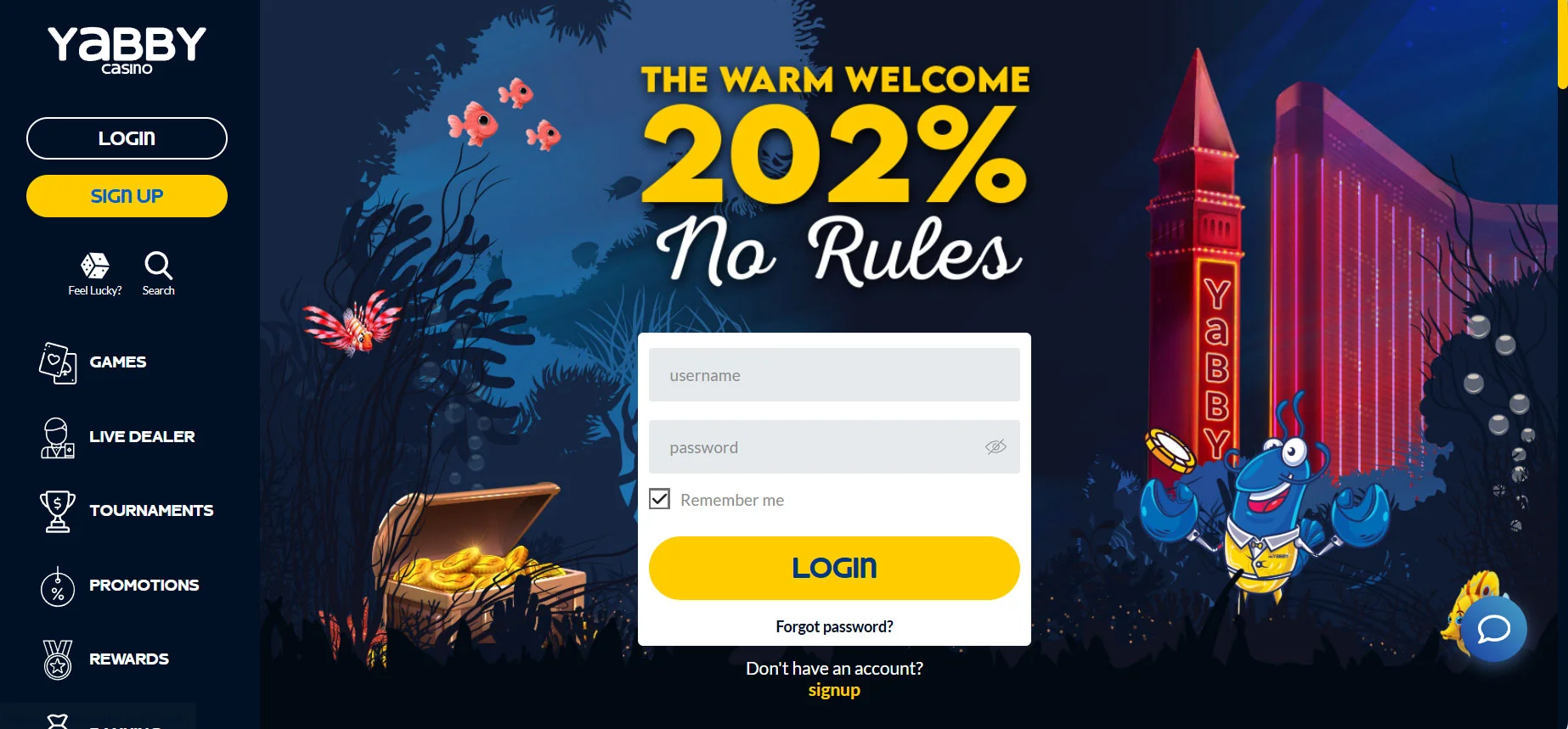Yabby Casino Home Screen