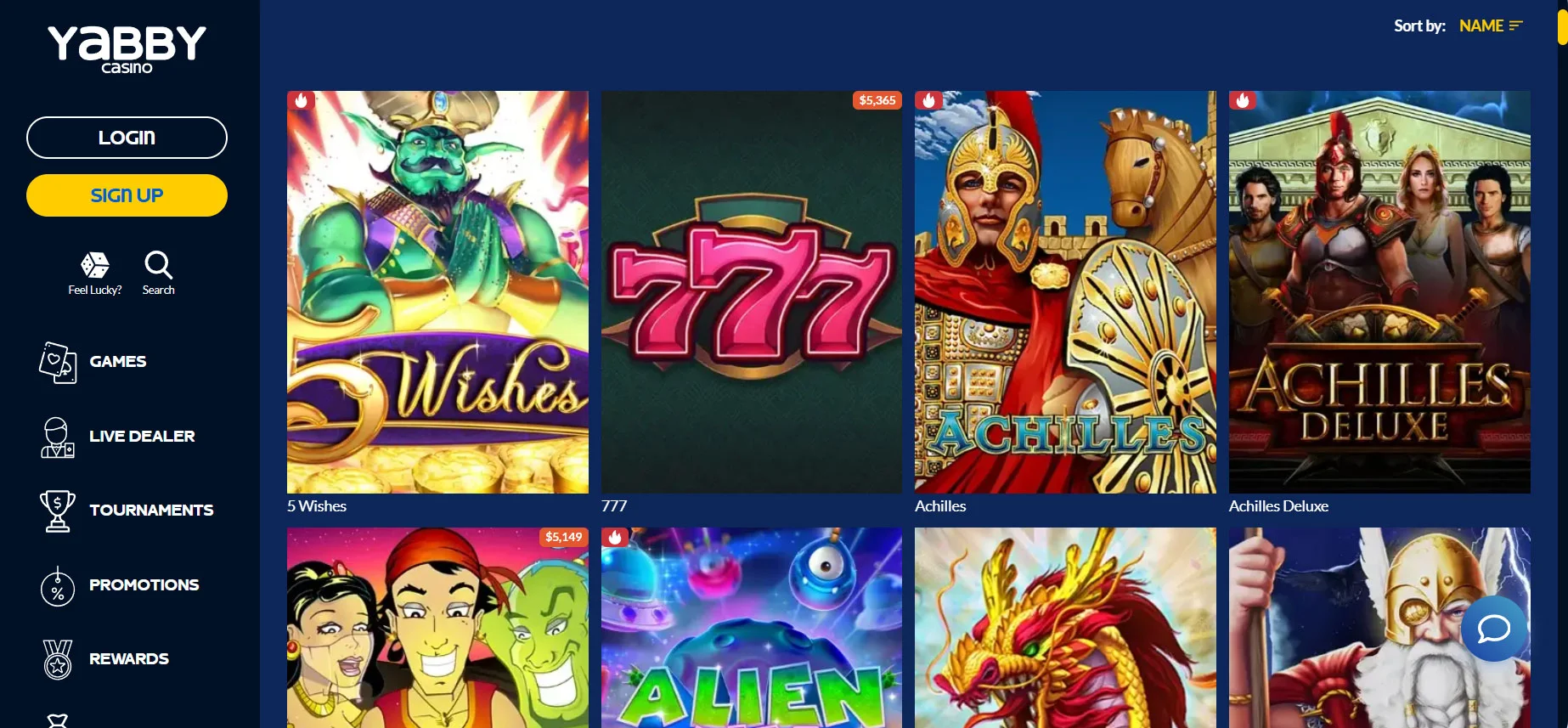 Yabby Casino Slots Section