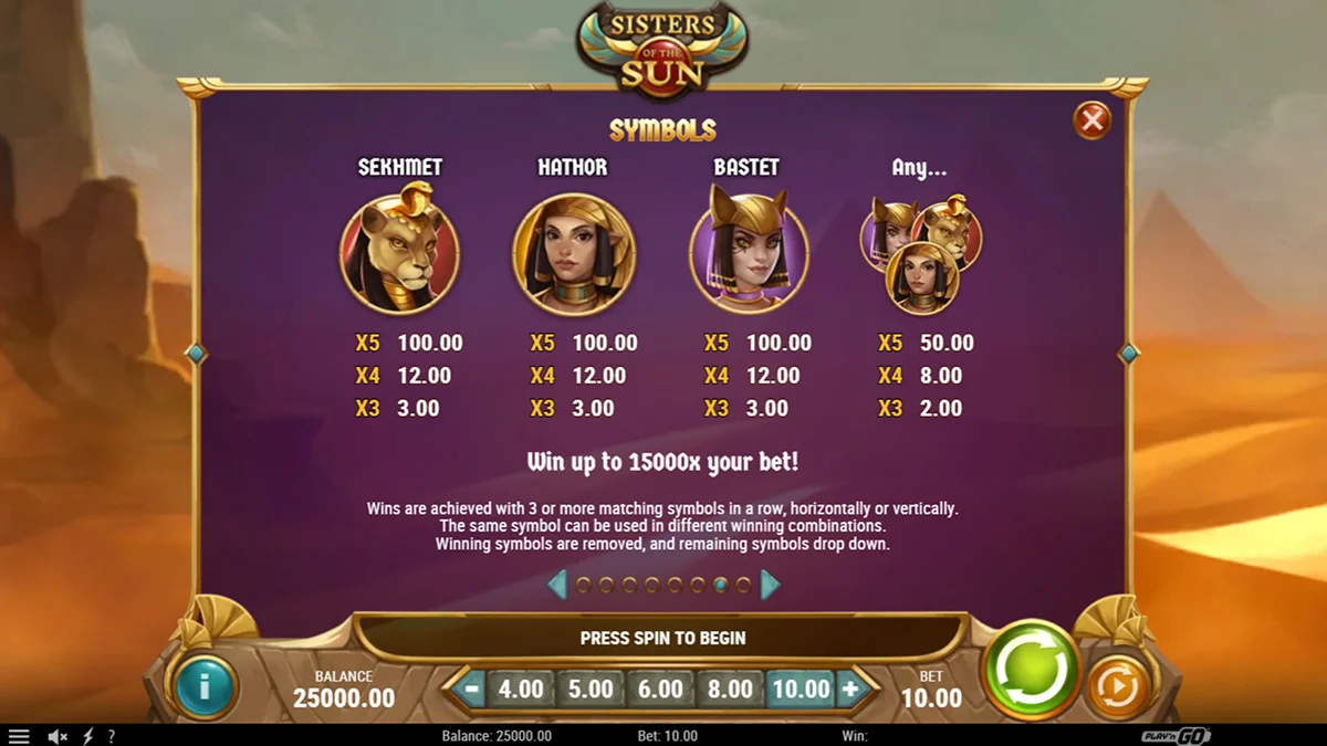 Sisters of the Sun Slot Paytable