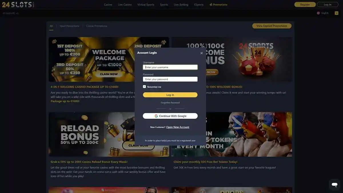 24Slots Casino Login Window