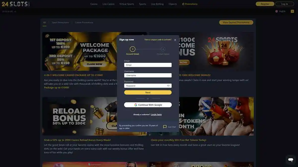 24Slots Casino Register Window