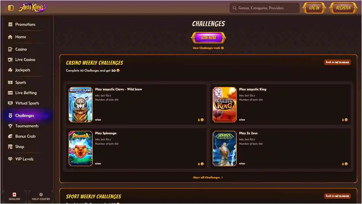 AbuKing Casino Challenges Section