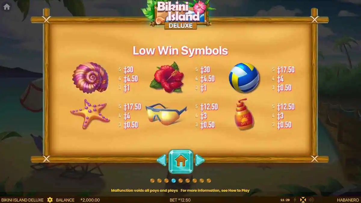 Bikini Island Deluxe Low Paytable