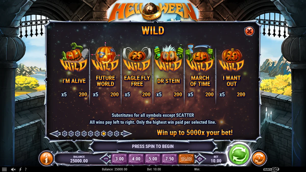 Helloween Slot Wild Paytable