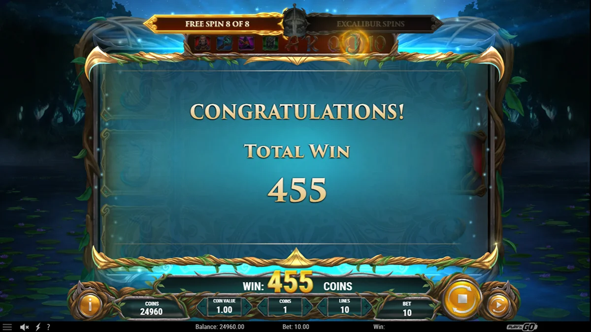 Lord Merlin and the Lady of the Lake Slot Free Spins Total Win