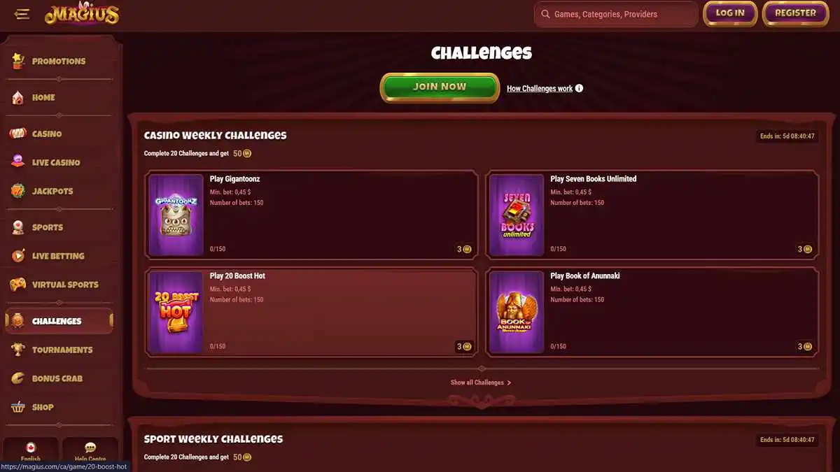Magius Casino Challenges Section