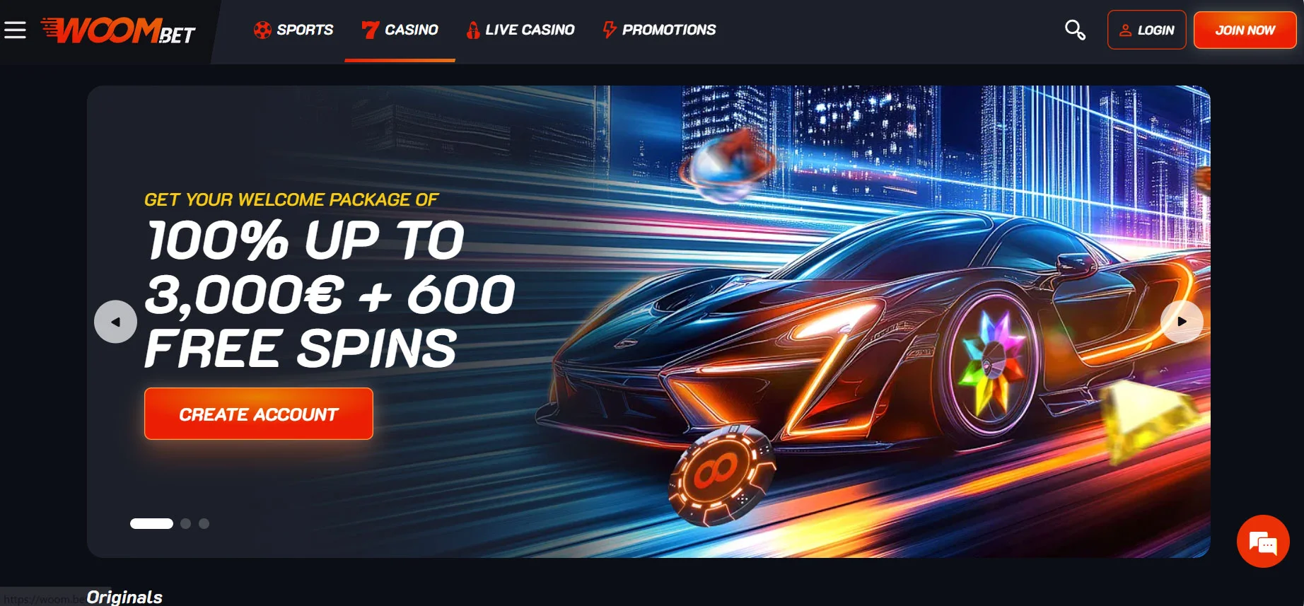 Woom Bet Casino Home Screen