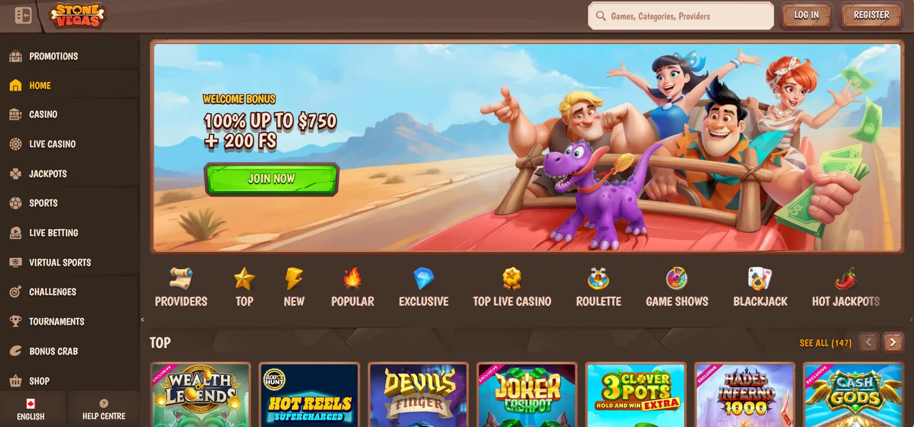 Stonevegas Casino Home Screen