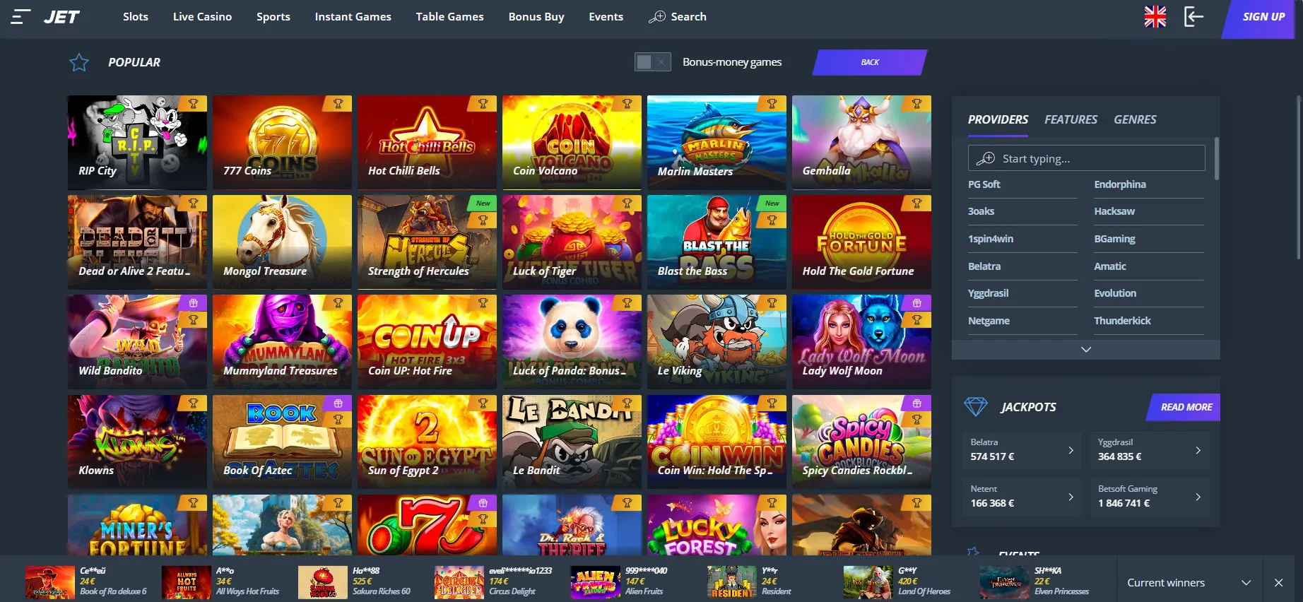 Jet Casino Slots Section