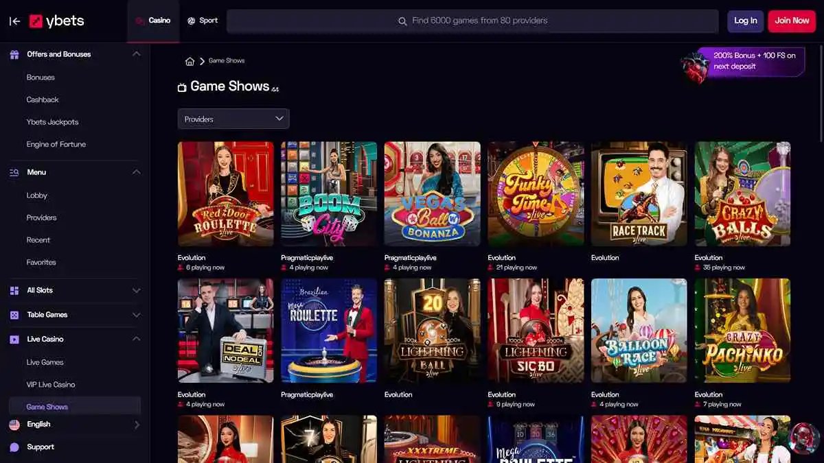 YBets Casino Game Shows