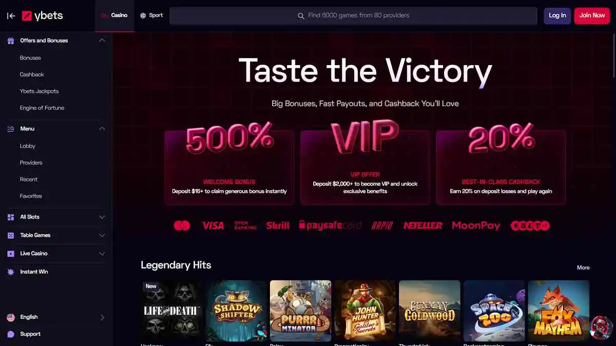 YBets Casino Home Page
