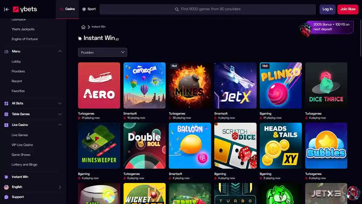 YBets Casino Instant Win Games Page