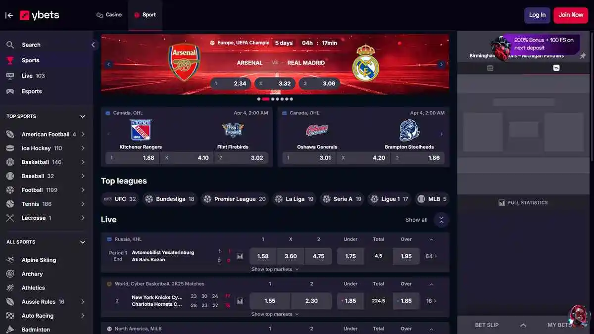 YBets Casino Sports Page