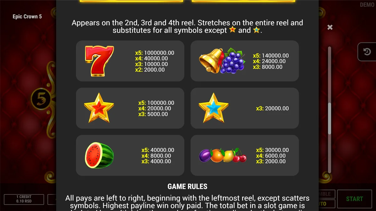 Epic Crown 5 Paytable