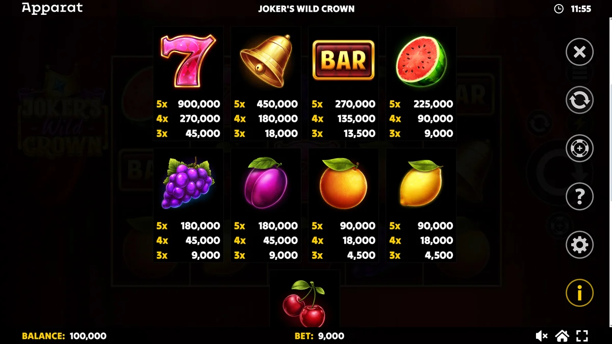Joker's Wild Crown - Diamond Treasures Paytable