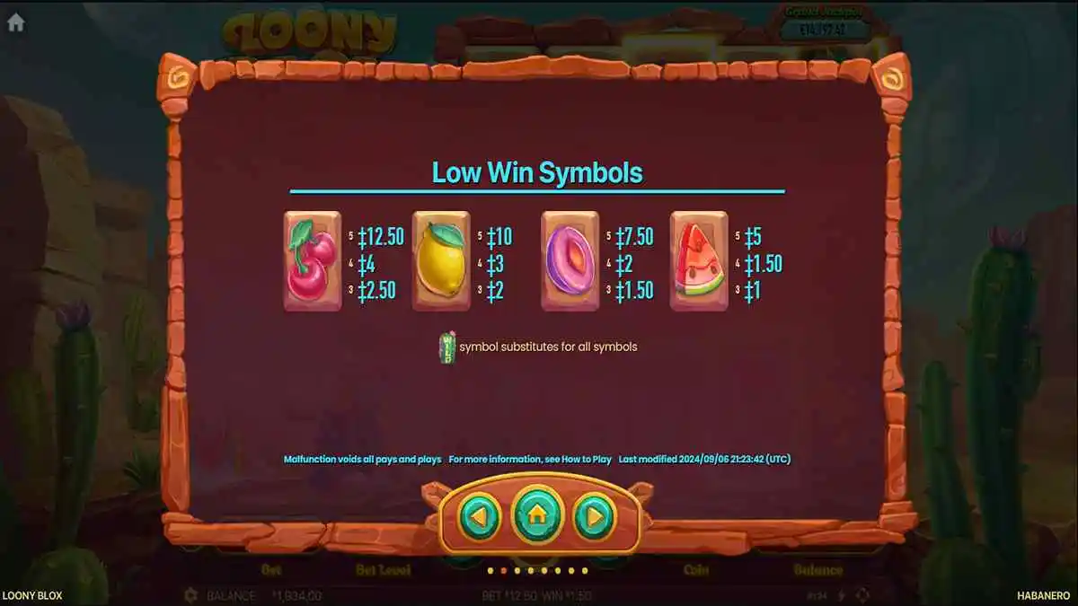 Loony Blox Low Paytable