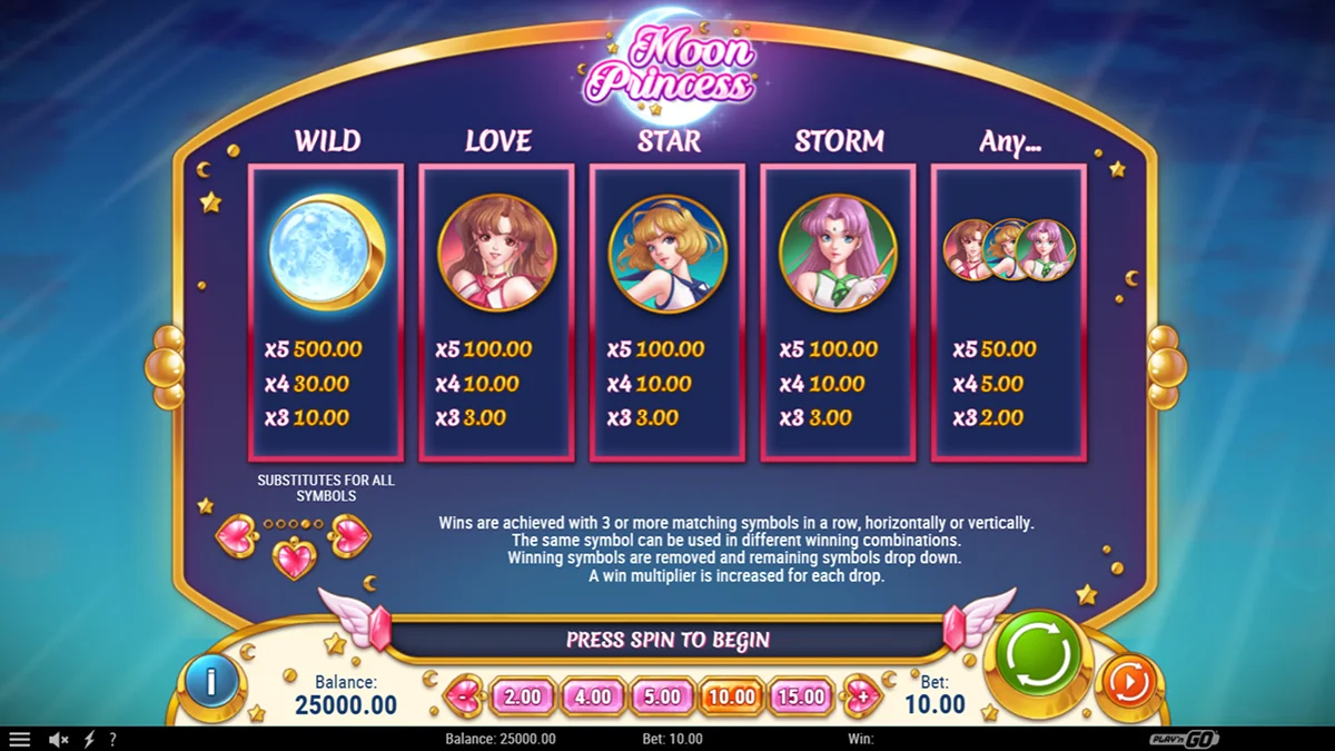 Moon Princess Slot Paytable