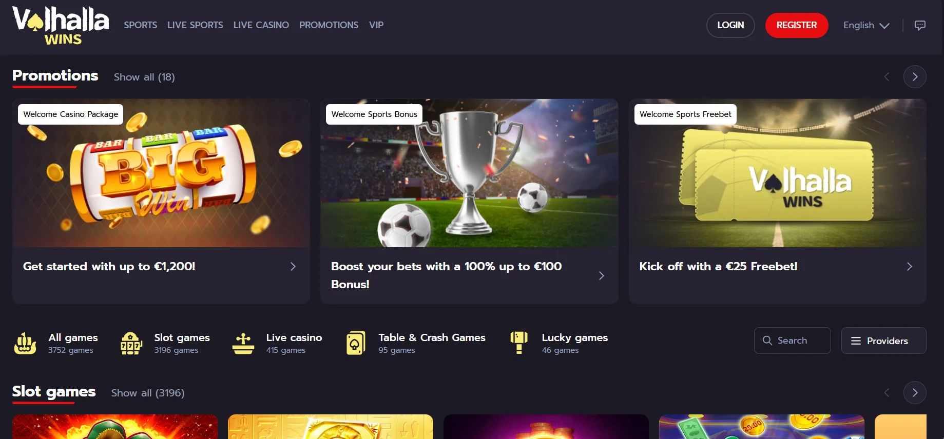 Valhalla Wins Casino Home Screen