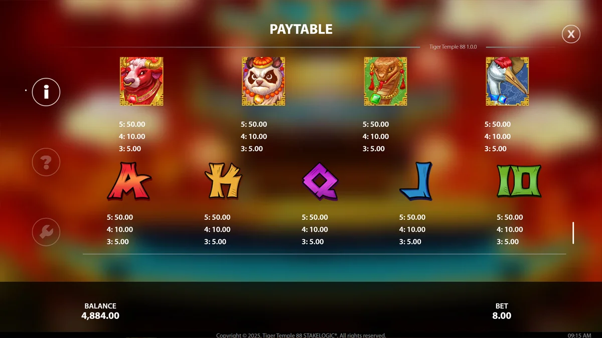 Tiger Temple 88 Paytable