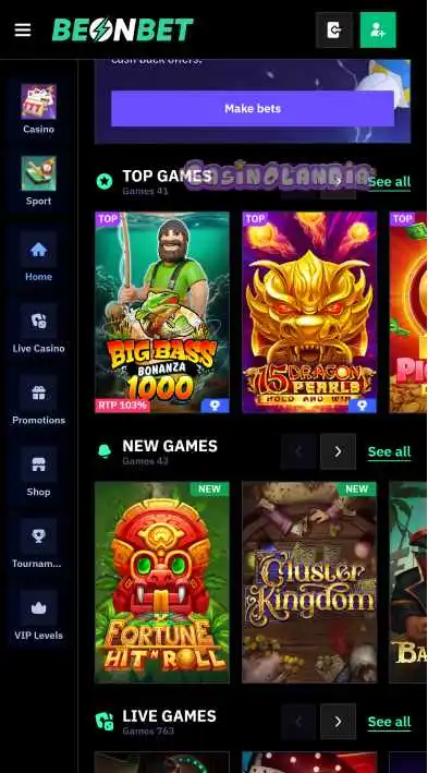Beonbet Casino Mobile View