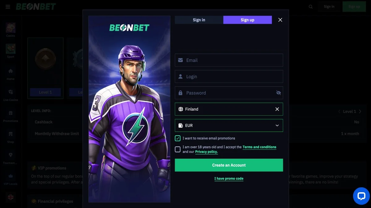 BeonBet Casino Registration