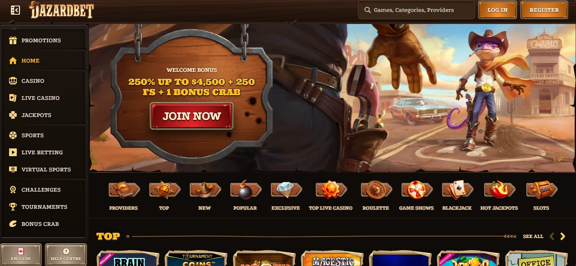 Dazardet Casino Home Screen