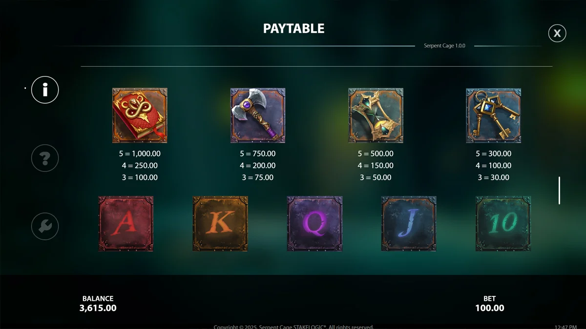 Serpent Cage Paytable