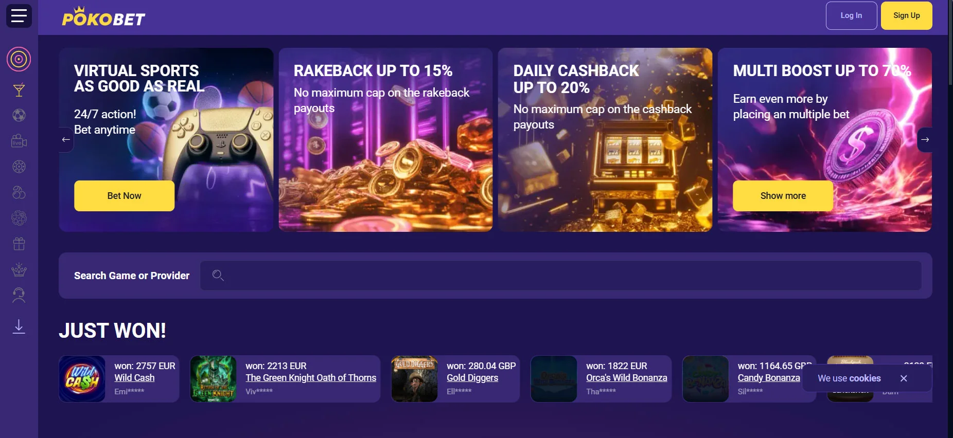 PokoBet Casino Home Screen