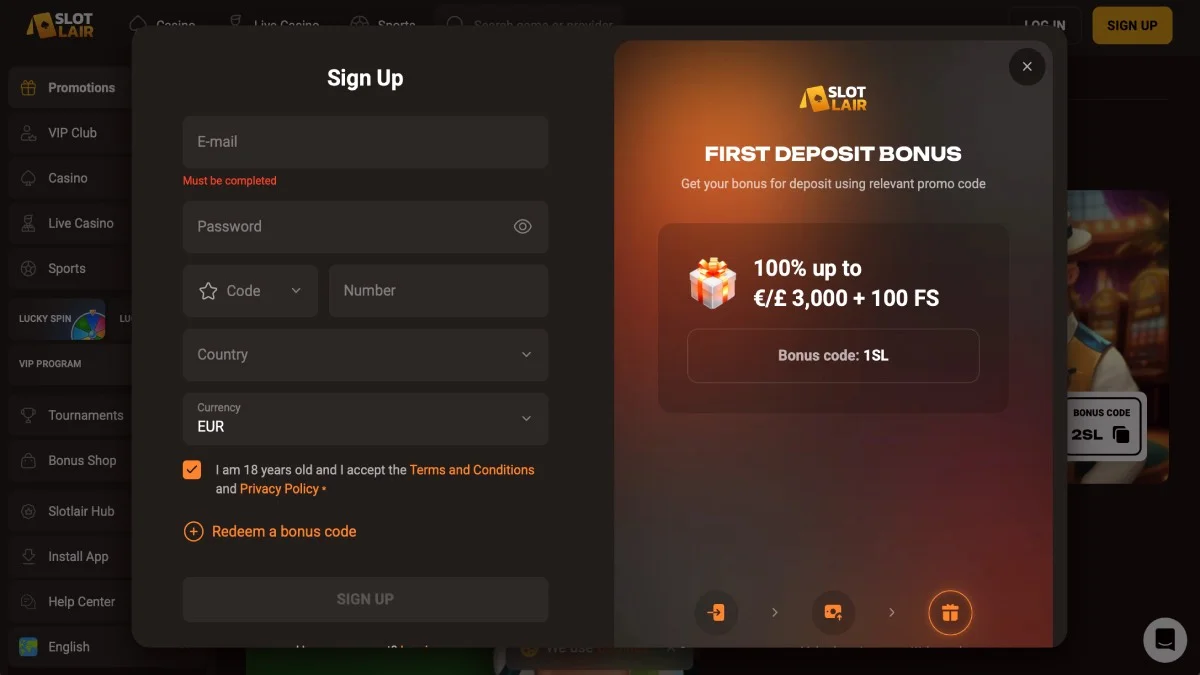 Slotlair Casino Registration