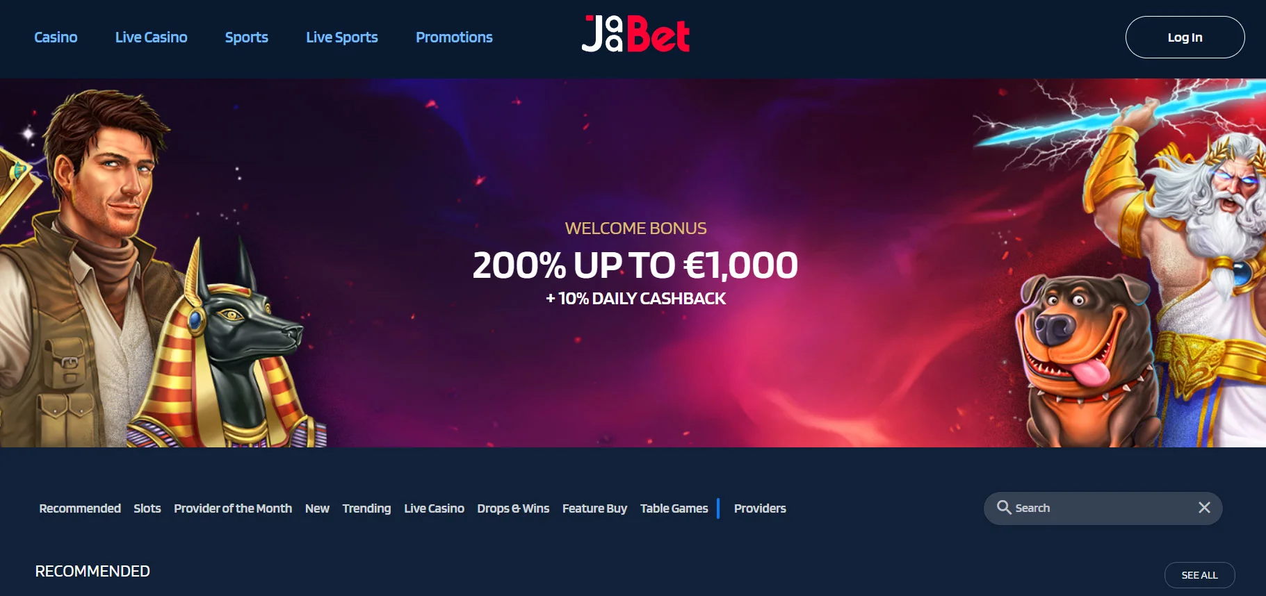 JaaBet Casino Home Screen