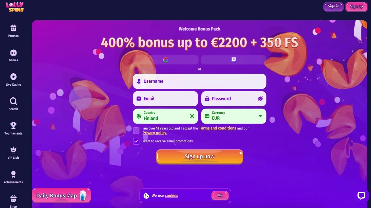 Lolly Spins Casino Main Page