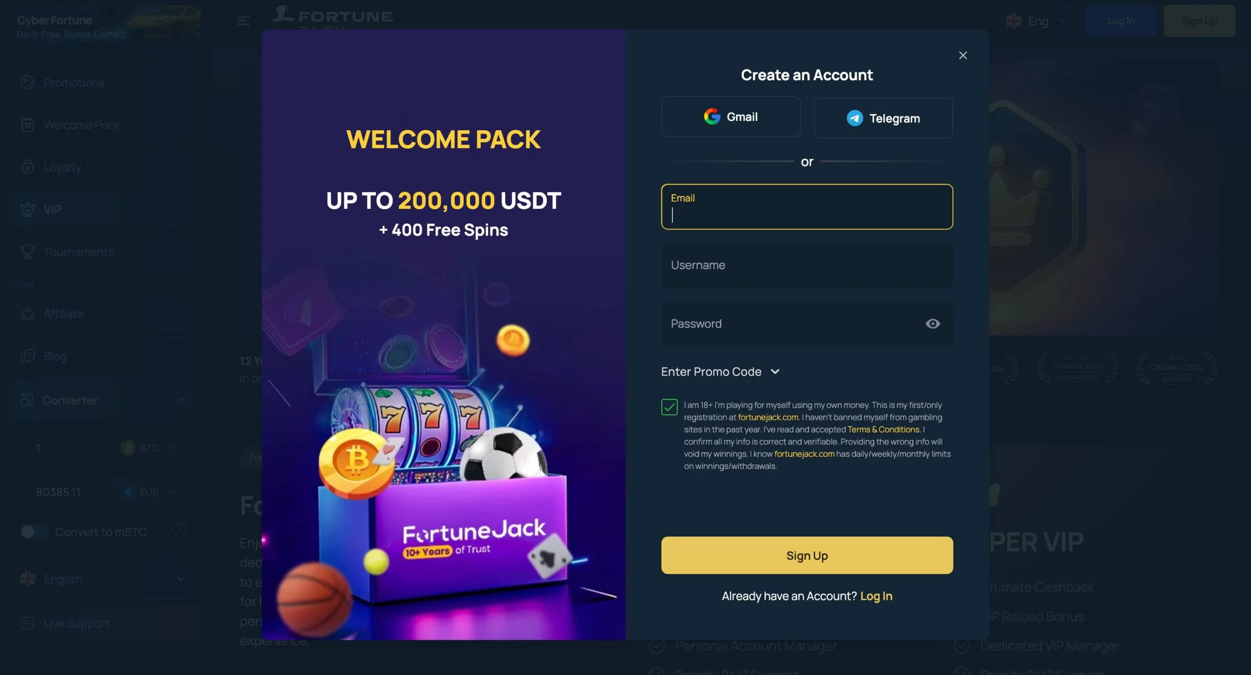 FortuneJack Casino New Registration Section