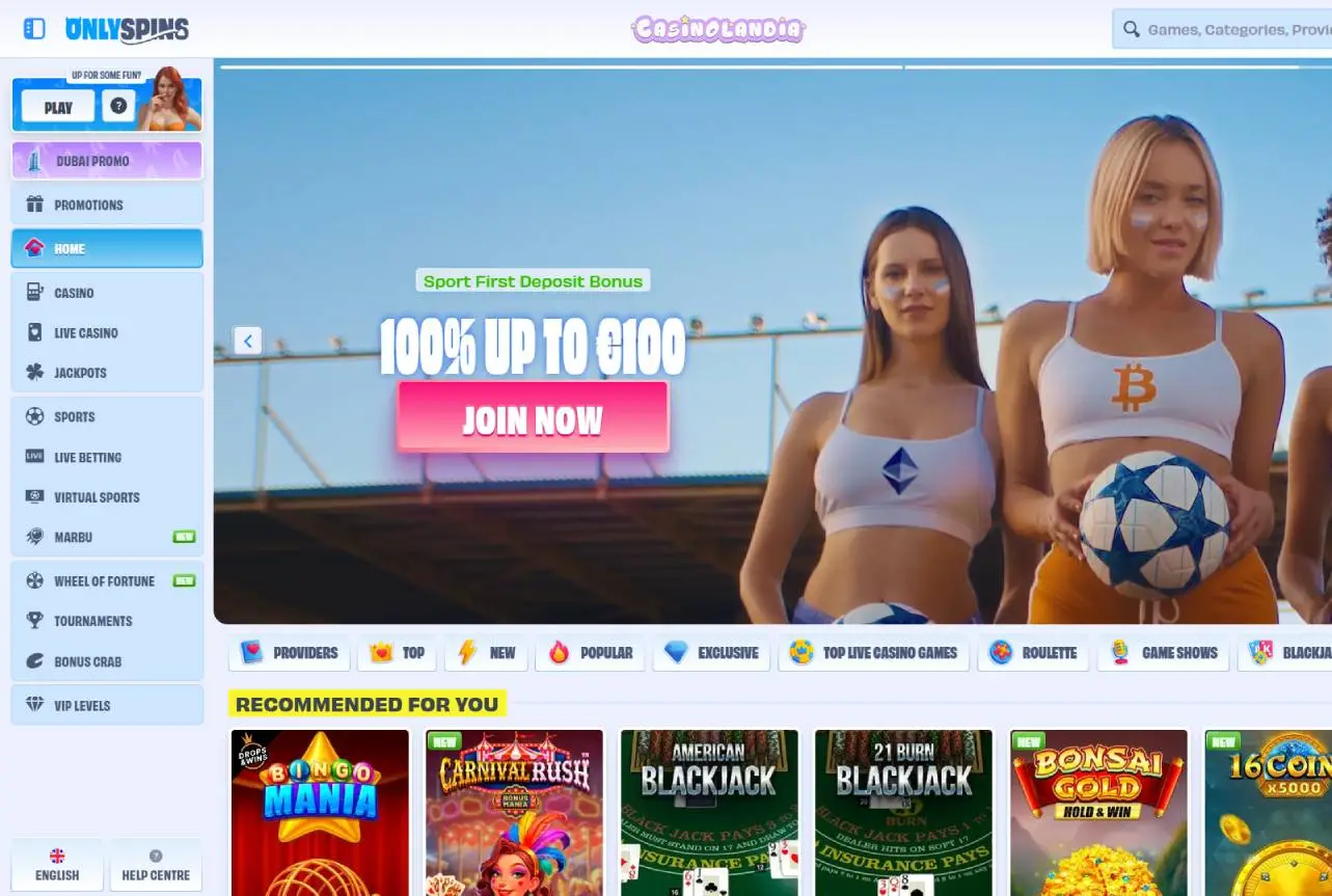 OnlySpins Casino Desktop View