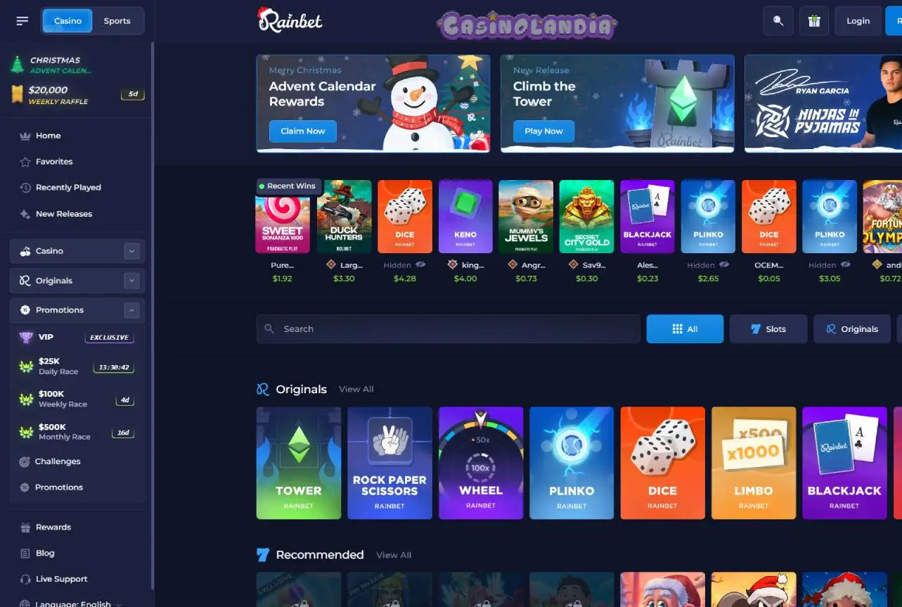 Rainbet Casino Desktop View